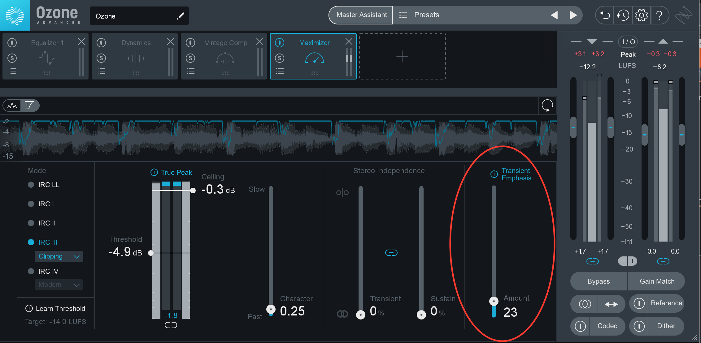 Transient Emphasis slider highlighted in the Maximizer in Ozone 9