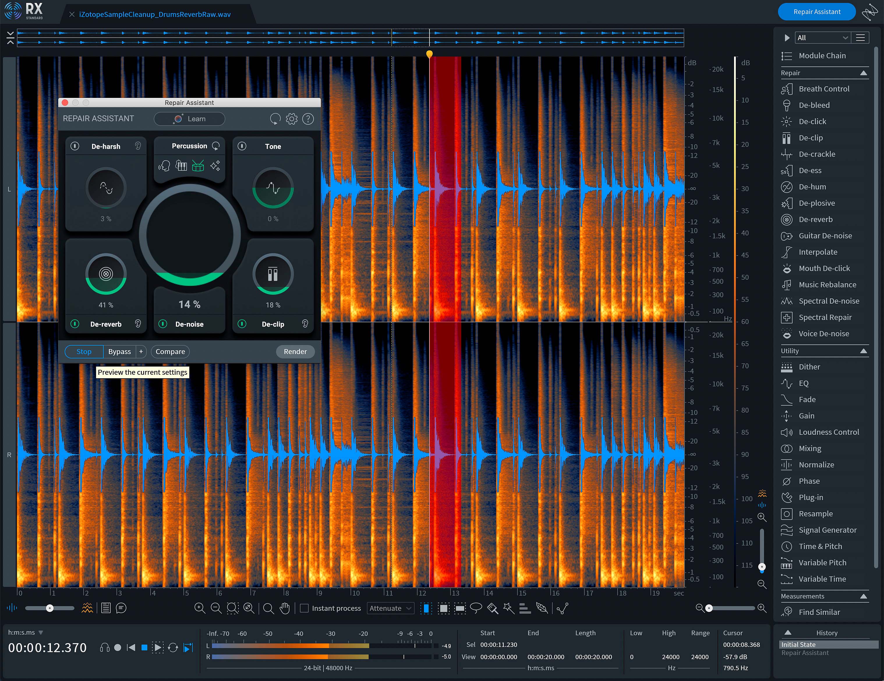 Using RX De-reverb on drum loop