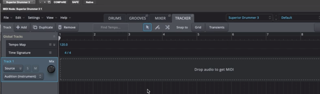 The empty Tracker window in Superior Drummer 3