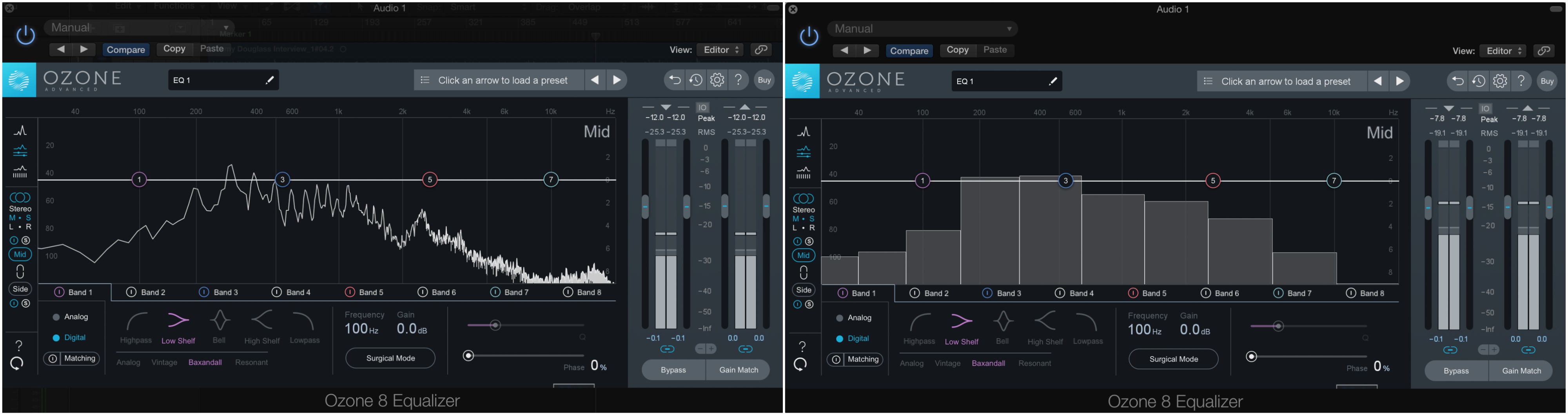 Spectrum analyzer in Ozone 8 EQ with different settings. Linear frequency scale, real-time averaging (left) and full octave frequency scale, 10 second averaging (right).