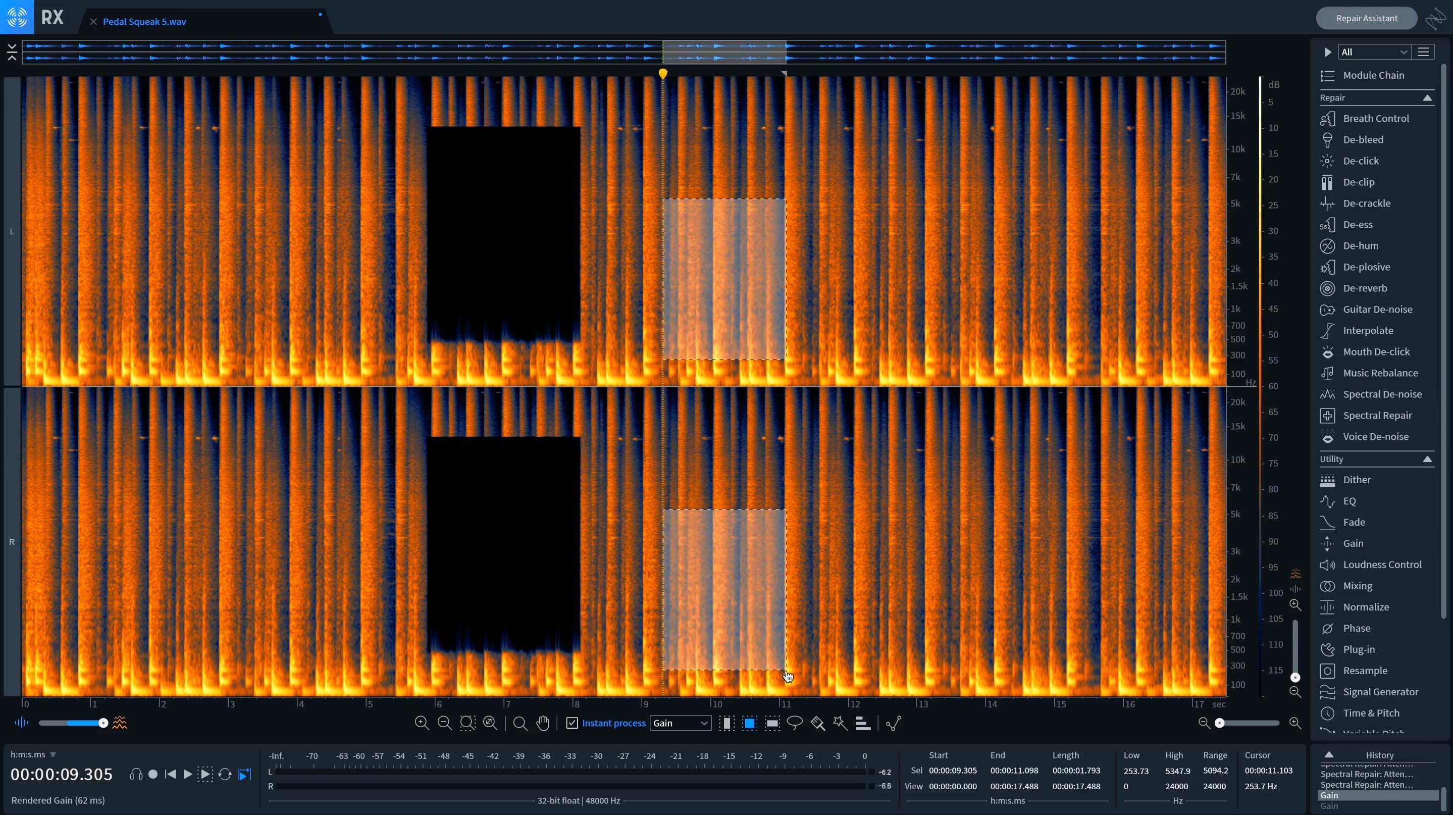 Repairing stereo tracks in RX Pro in its default view