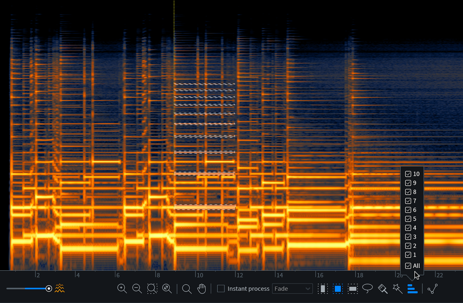 Selecting a note’s fundamental frequency and harmonics