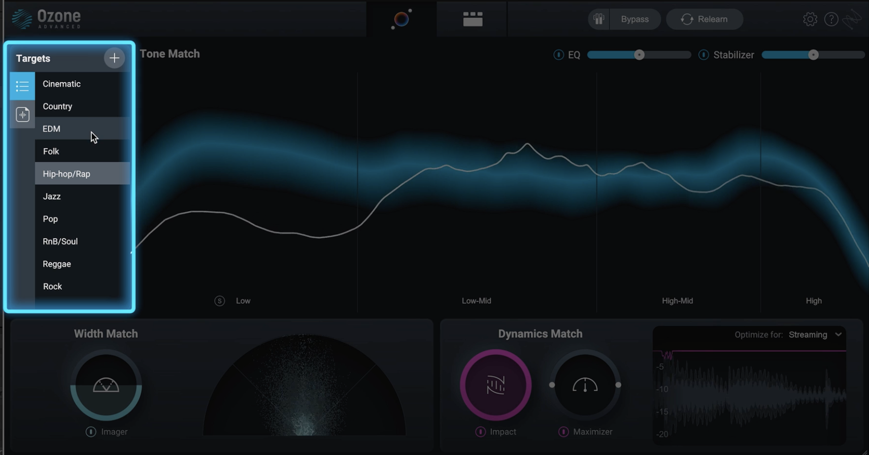 New Targets section in Ozone Master Assistant matches your audio to target curves of chart-topping hits