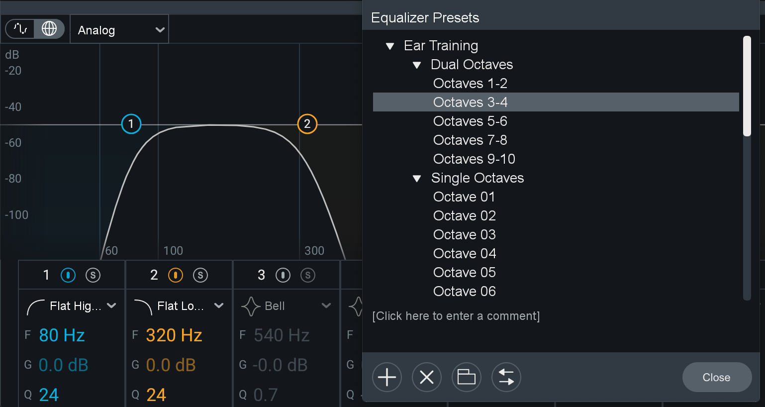 Ear training EQ presets in the Ozone preset window