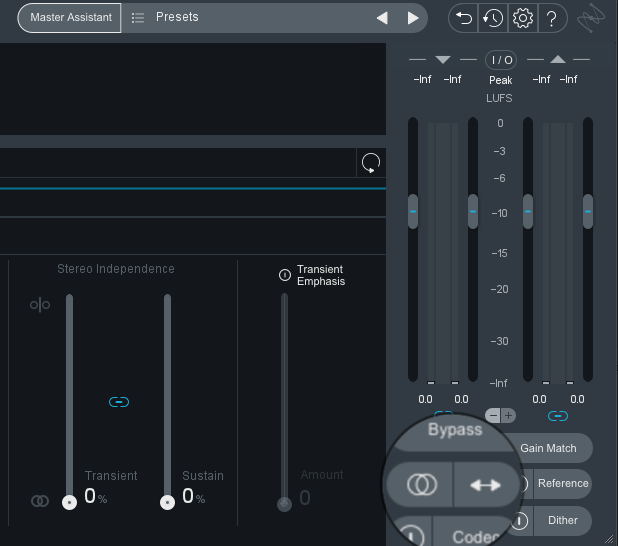 Monitor controls in Ozone 9 for mono summing and channel flipping