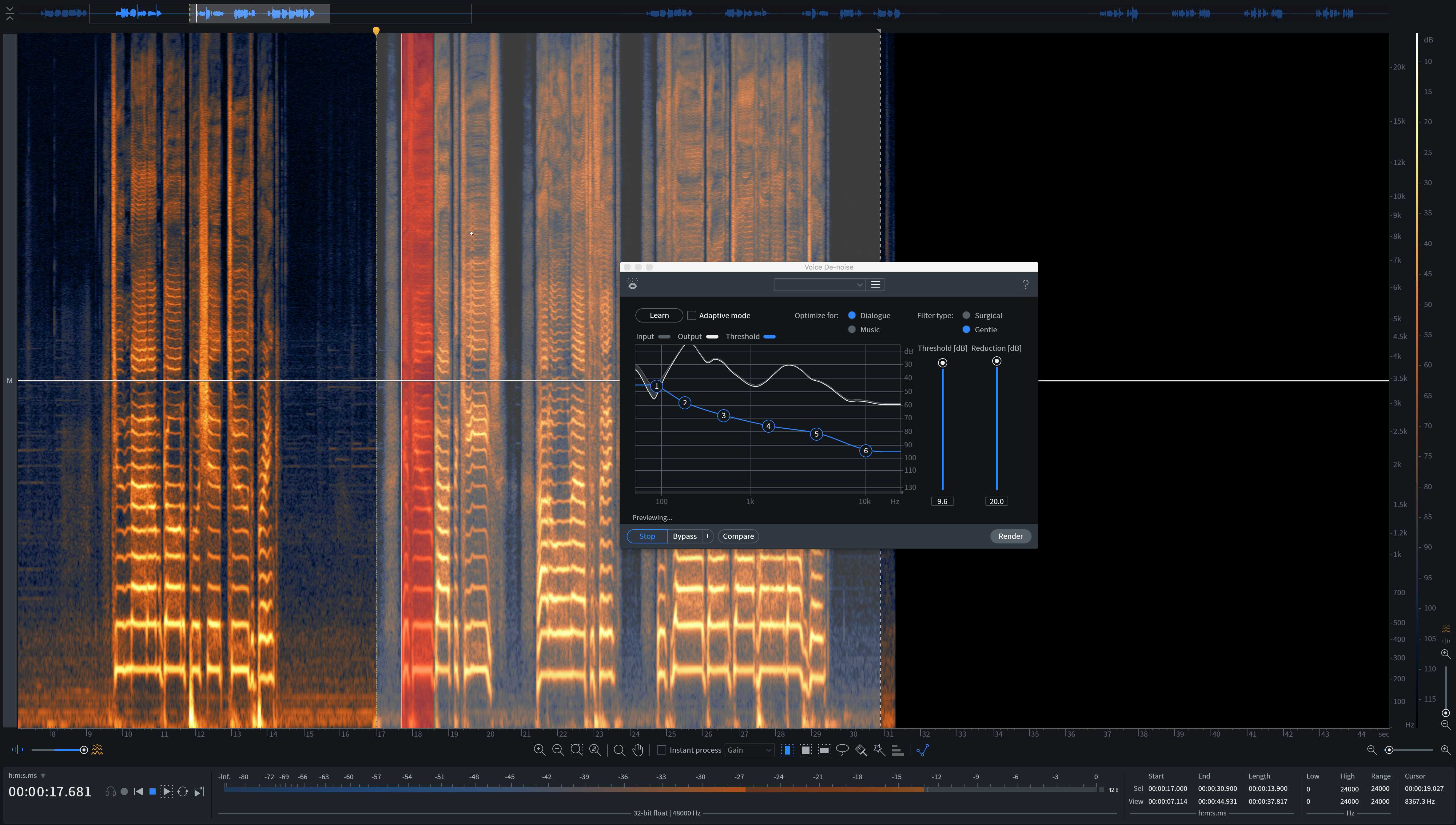 RX Voice De-noise module set to over-process this audio, with maximum reduction