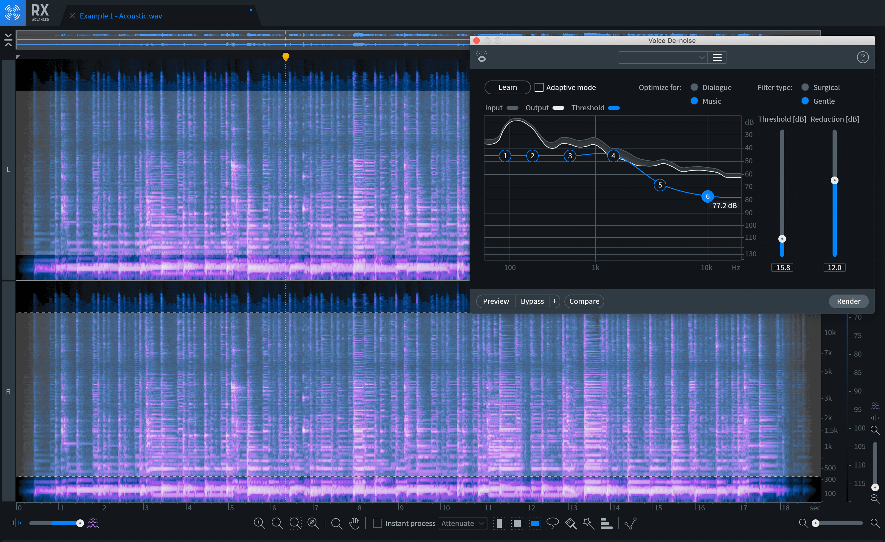 Voice De-noise learned the profile of my recording’s room noise, giving me some initial settings for adding clarity to my take.