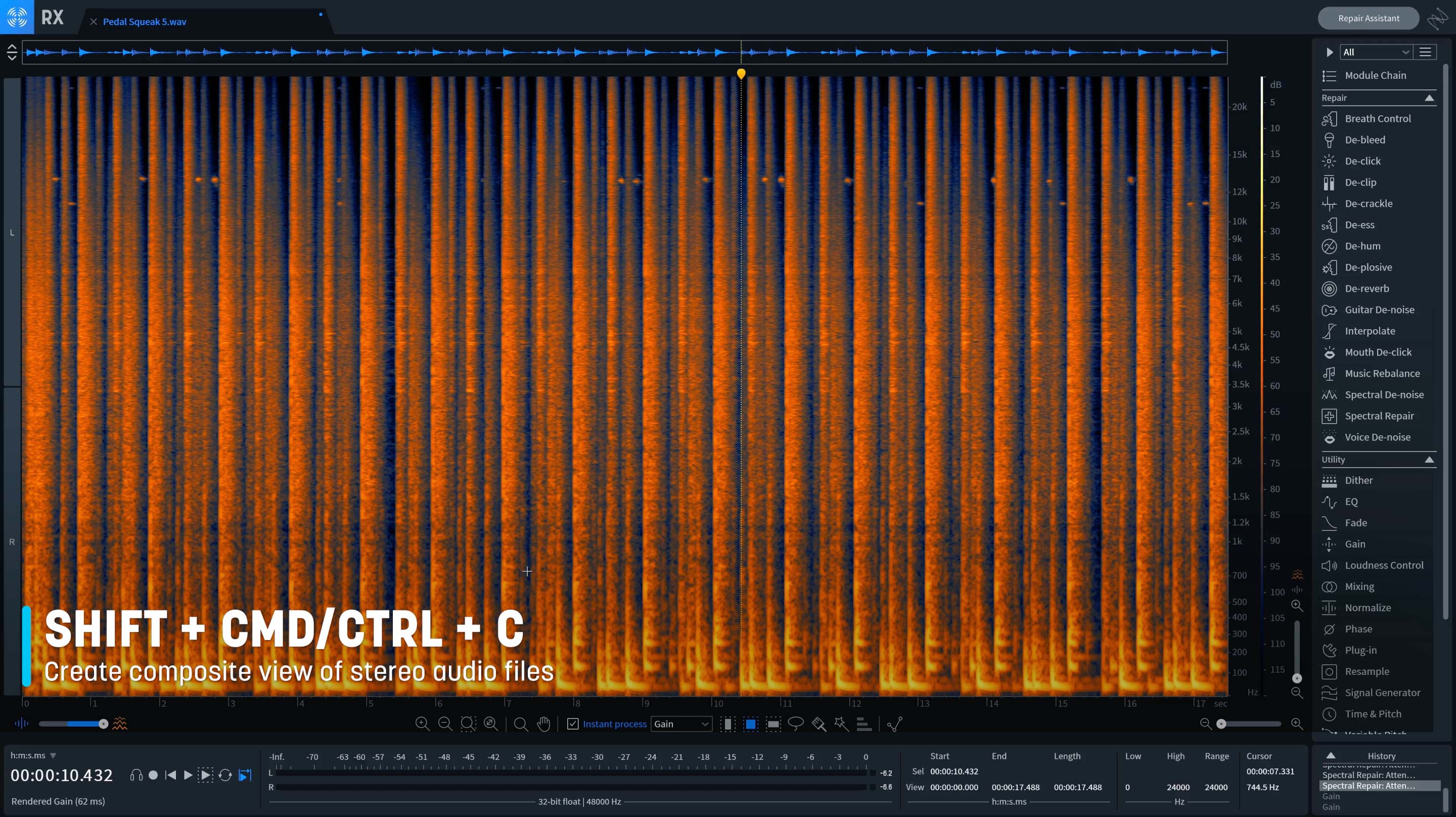 Create a composite view of stereo tracks in RX using keyboard shortcuts