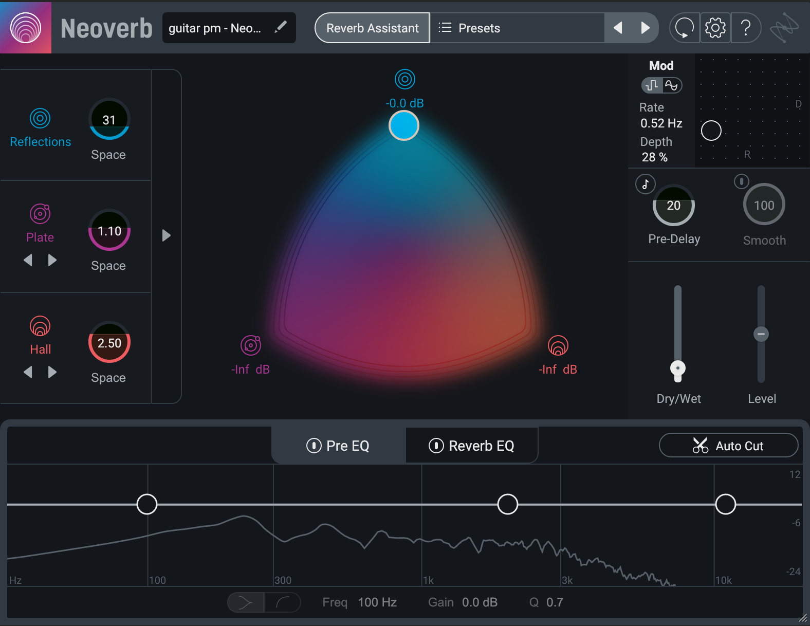 Using iZotope Neoverb as a subtle, short reverb to create depth