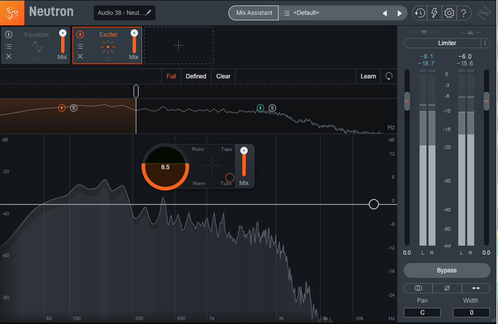 Not only does the Exciter in Neutron offer different styles of harmonic emphasis (tape, tube, and more), it also offers them independently for each band