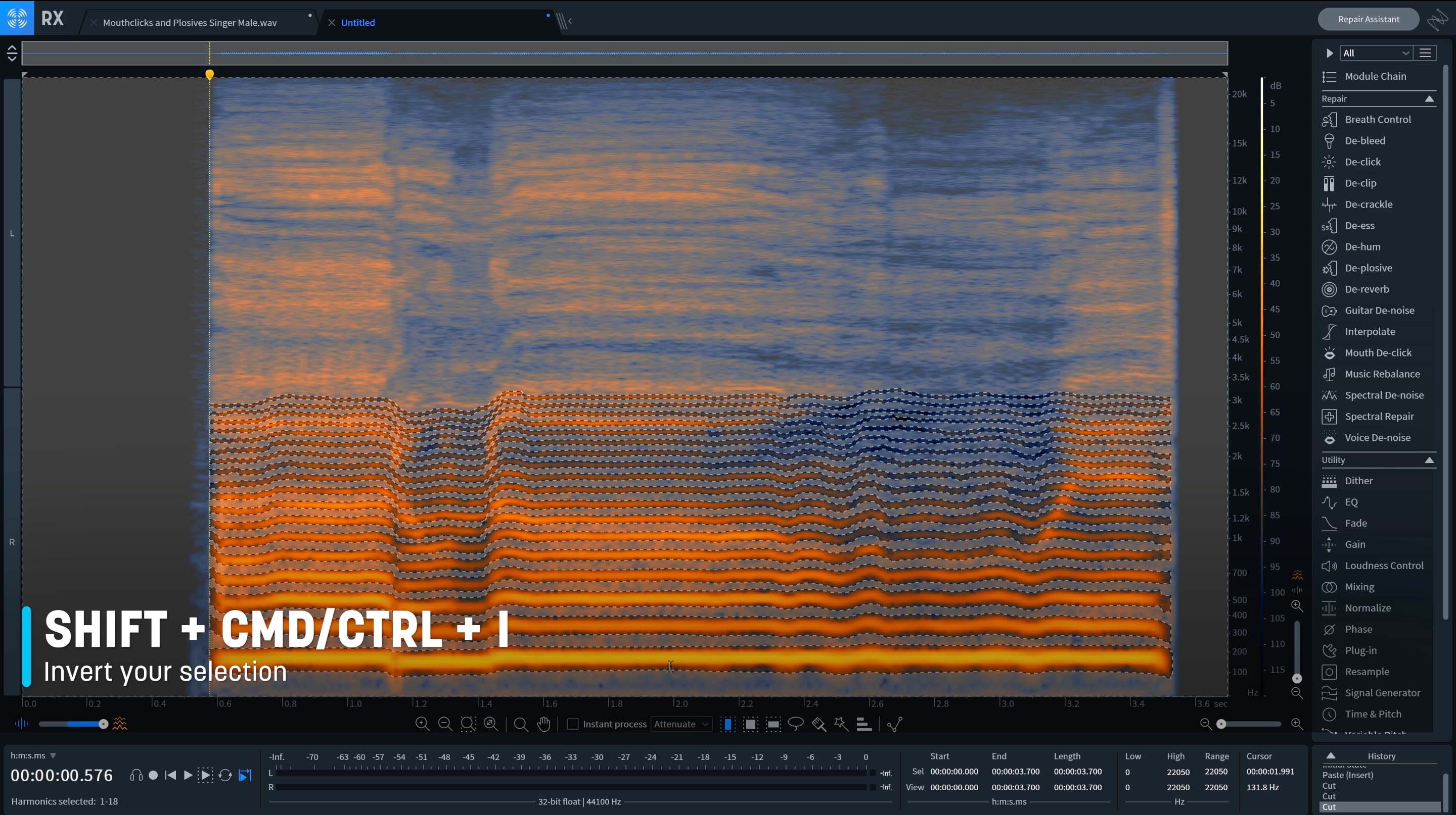 Pressing shift command (or control) and i will invert the selection completely, allowing you to focus on the noise profile in RX