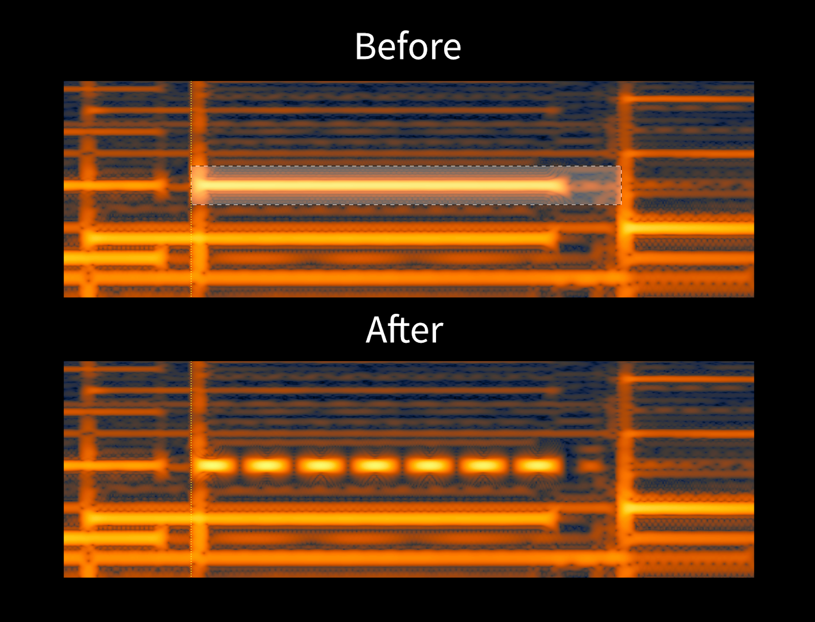 A guitar note with and without tremolo in the RX 7 spectrogram